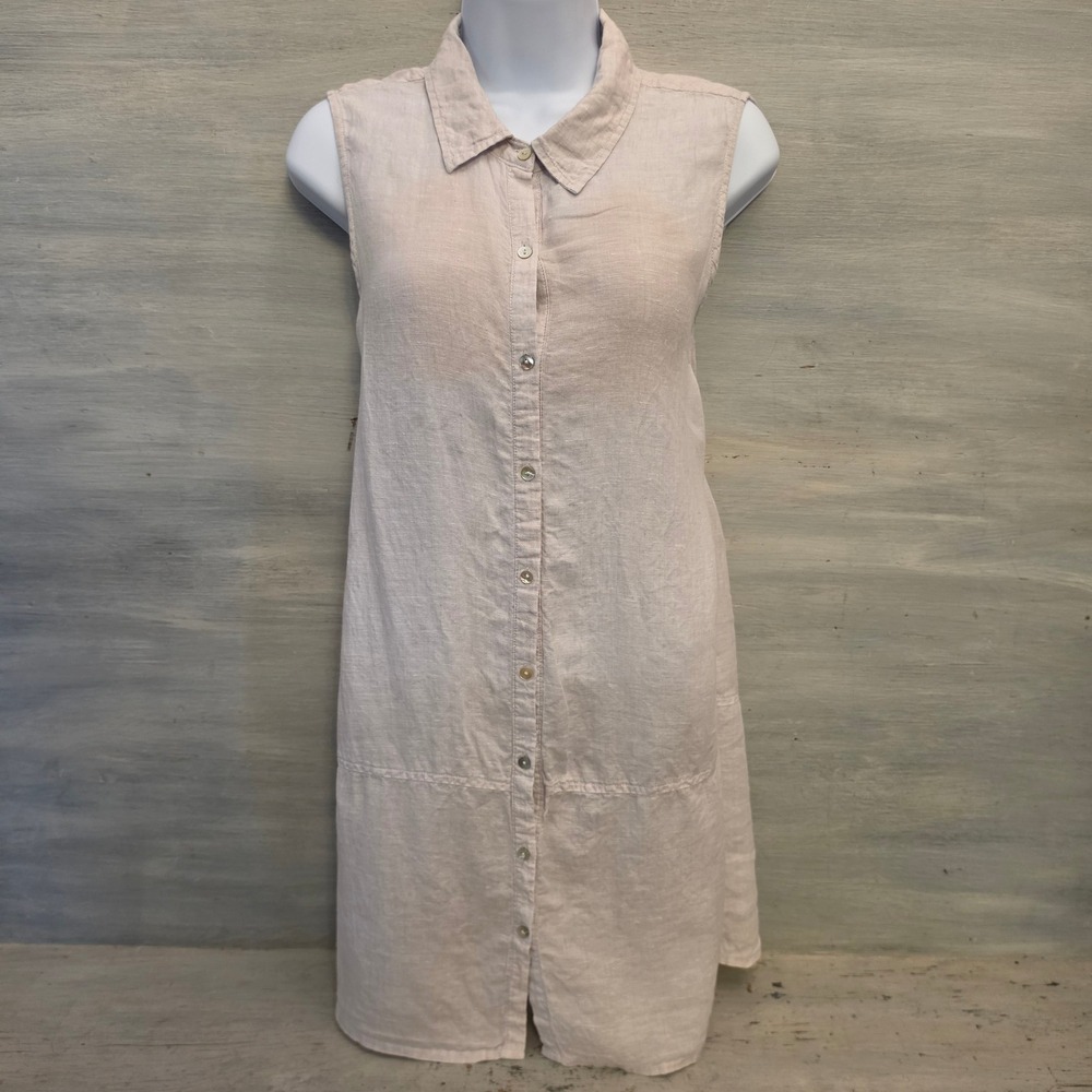 Tahari 100% Linen Beige Sleeveless Button Down Mini Shirt Dress Size Large GC